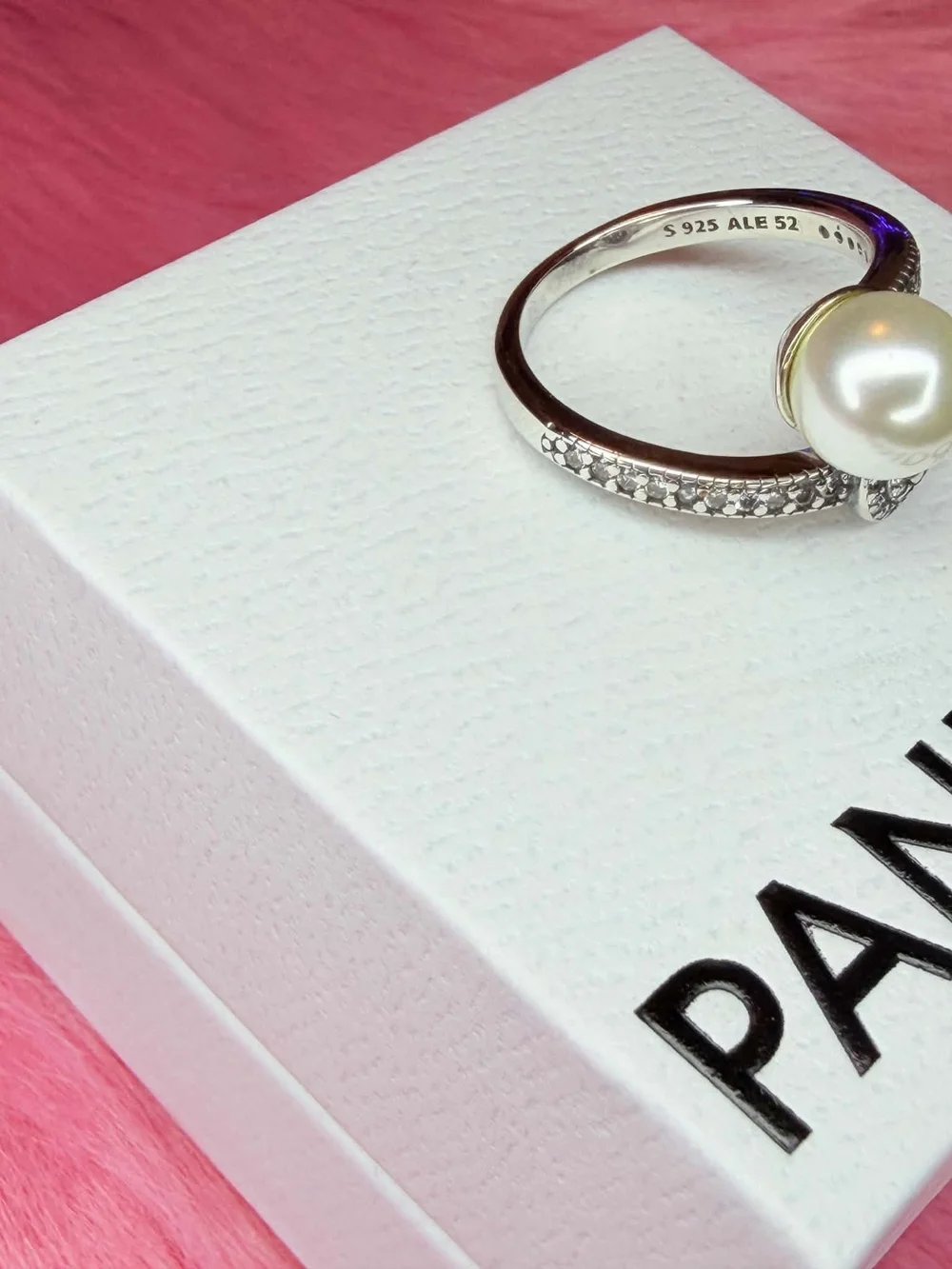 Pandora Silver Ring with White Pearl and Clear Stones